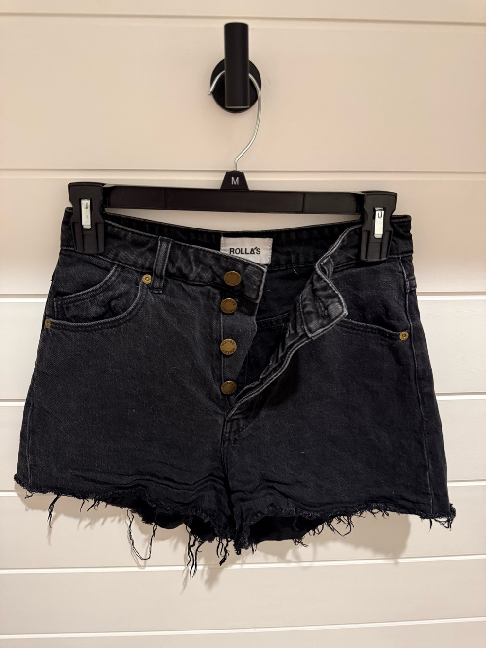 ROLLA'S Black Button-Front Distressed Denim Shorts